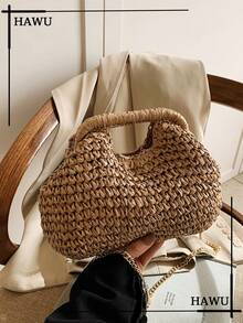 1pc Chain Shoulder Bag, Crumpled Cloud-Shaped Woven Straw Sling Bag, Fashionable Beach Vacation Bag For Women, Summer - Khaki - View 2