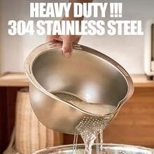Rice Washing Bowl With Strainer Washer Strainer Bowl Side Drainers Colander For Cleaning Fruits Vegetables Beans Kitchen Tool - Silver - View 6