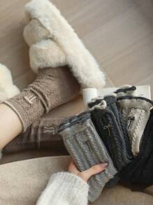 1 Pair/6 Pairs Women Calf Socks With Braided, Bow, Embroidered Patterns, Retro Fashion Versatile Wool Socks, Warm And Windproof, Suitable For Autumn/Winter Daily Wear