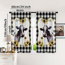 2 Panel Cow Farmhouse Kitchen Curtain Rod Pocket Short Sunflower Farm Animal Cow Plaid Pattern Living Room Bedroom Window Curtain