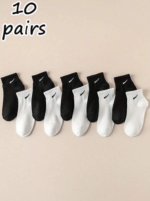 10 Pairs Men's Casual Geometric Patterned Sport Style Short Socks, Comfortable & Versatile, Black & White Color Scheme