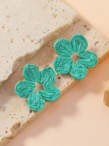 1 Pair Handmade Raffia Straw 6-Petal Flower Stud Earrings In Contrasting Colors Like Beige, Blue, Green, Pink - Bohemian Style, Suitable For Daily Wear