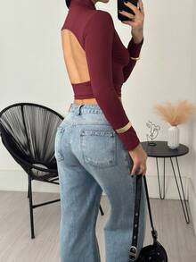 Cropped Top High Neck Long Sleeves Open Back Gathered On The Side - Burdeos - Ver 2
