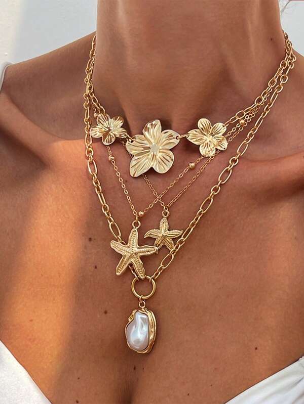 4 Stücke/Set Boho Seestern Halsketten, retro Blumen einfache Anhänger Halsketten, Strandparty, mehrschichtiger Schmuck (aufgrund von Schnitten ist die Anzahl der Perlen nicht fest)