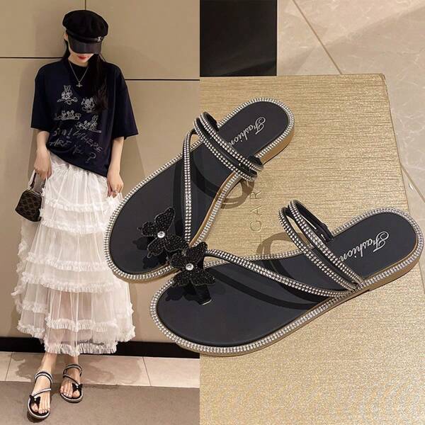 2025 New Women Summer Slippers, Fashion Bow Diamond Sandals, Versatile Elegant Solid Color