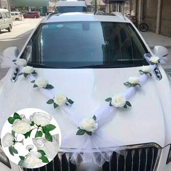 1 pièce Élégantes roses blanches/rouges/roses, 9 roses avec ventouses, 12 liens et 2 rubans de 62,99 pouces de long, convient pour les voitures de mariage - franges de poignée de porte florale, décoration de voiture de mariée, accessoires de voiture romantiques, accessoires de mariage, décoration de voiture de mariage, décoration d'occasions de fête, fleurs artificielles multifonctionnelles suspendues