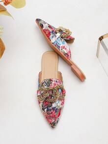 Babuchas planas elegantes para mujer con puntera puntiaguda, estampado tropical colorido y hebilla de metal (Patrones de calzado variados) - Multicolor - Ver 3