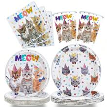 10 قطعة طقم أطباق وأكواب ومناديل حفلة عيد ميلاد القط، أطباق ذات استخدام واحد، لتزيين حفلات أعياد ميلاد ذات موضوع القط