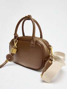 MINI TOPSTITCHED BAG, Wide Strap Women's Vintage Crossbody Bag, Small Tote Ladies Luxury Design Handbags, Solid Color Simple Shoulder Bag - màu nâu - Xem 6