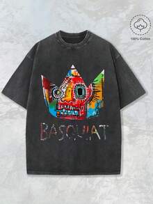 Basquiat Crown Graffiti Graphic Washed T Shirt 230g, Men's Casual Cotton T-Shirt– Soft And Comfortable, Perfect For Everyday Wear And Outdoor Activities – Elevate Your Style With Effortless Fashion, Gift For Men, All-Season Comfort Fit - màu đen - Xem 1