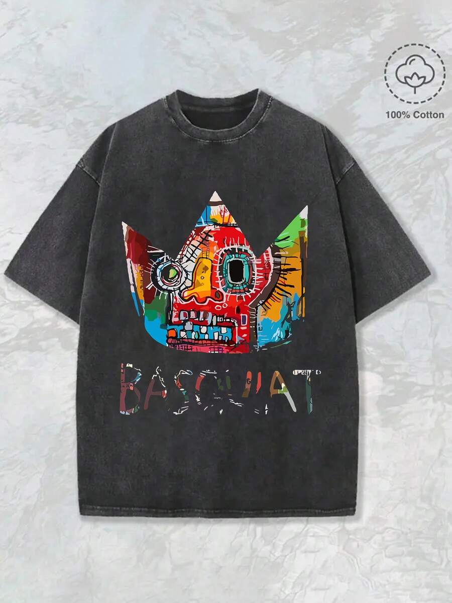 Basquiat Crown Graffiti Graphic Washed T Shirt 230g, Men's Casual Cotton T-Shirt– Soft And Comfortable, Perfect For Everyday Wear And Outdoor Activities – Elevate Your Style With Effortless Fashion, Gift For Men, All-Season Comfort Fit - màu đen - Xem 1