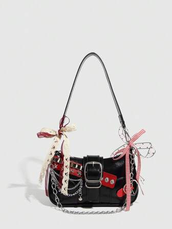 Retro Fashionable Little Girl Bags Y2K Style Crossbody Bags Colorblock Star Chain Small Handbags, Baguette Shoulder Underarm Bags