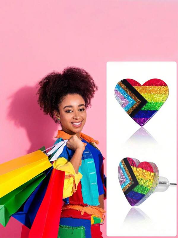 Brincos de Botão com Coração do Orgulho LGBTQIA+, Joia Coração da Bandeira do Progresso Acrílica Unissex, Acessórios de Moda