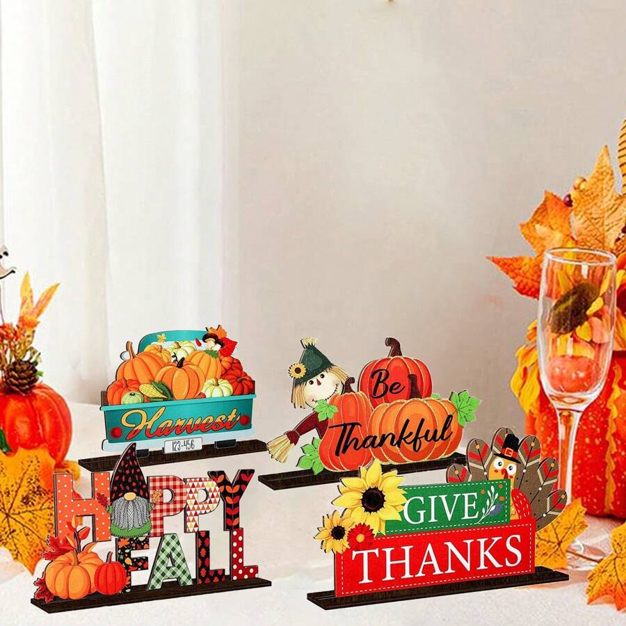 1/130 Sets verfügbar, 2 Stücke/Set 2D Herbst Erntedank fröhlicher Kürbis Truthahn Gewürz Ernte Holzretro Tischdekoration geeignet für Herbst Erntedank Thema Bauernhaus Dekoration, Zimmer Dekoration, Heimdekoration