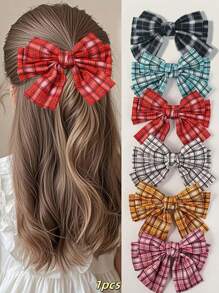 1pc Girls' Cute British Style Plaid Bow Spring Hair Clip Accessory