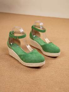 Zapatos Espadille de mujer con correa de tobillo, minimalistas y lisos - Zapatos negro de estilo vacacional tejidos con suelas de cuerda - Zapatos de cuña negros con suela gruesa para damas - Zapatos tejidos con hebilla bohemia para playa, exterior, boda y todo el año