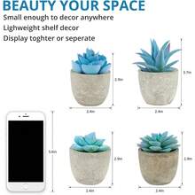 Artificial Small Plants In Pot - Fake Mini Potted Greenery Home Decor For Office, Bedroom, Kitchen, Dorm, Desk, Bathroom Shelf - Dainty Faux Plant Decor For Indoor Spaces - 4pcs Blue - View 2