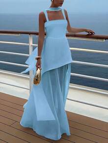 女士夏季雪纺细肩带拼接连衣裙（配腰带，纯色）