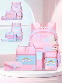 3pcs/Set Rainbow Heart Print Polyester School Backpack With Cute Pendant, Including Lunch Box & Pencil Case, Large Capacity Multi-Compartment Design, Adjustable Shoulder Straps, Waterproof Durable Fabric, Zipper Closure, Suitable For School & Outdoor, Back To School Gift - A - View 10