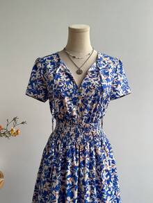 Rusttydustty 1 Stück V-Ausschnitt Taille Raffung Langarm Kleid, geeignet für Silvesterparty, Lässig Urlaub, Boho Stil, Ostern, Strand, Hawaii Musikfestival, tropischer Urlaub - Blau - Übersicht 7