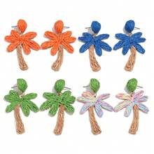 1 Par de Brincos Tecidos à Mão de Árvore de Coco de Palha, Design Boêmio de Folha de Palmeira Tropical, Adequado para Praia, Férias, Celebração, Uso Diário, Festa