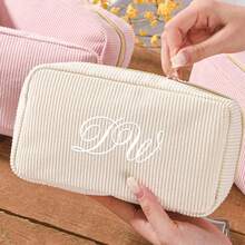 可定制刺绣名字复古灯芯绒化妆包 - 复古纹理手拿包，带拉链的超大旅行洗漱用品收纳包，适合健身房/瑜伽/周末旅行的简约化妆包 - 彩色 - 查看 4