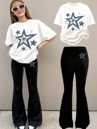 Teen Girl Casual Minimalist Short Sleeve Top And Pants 2 Pieces Set, Summer,Suitable For Vacation