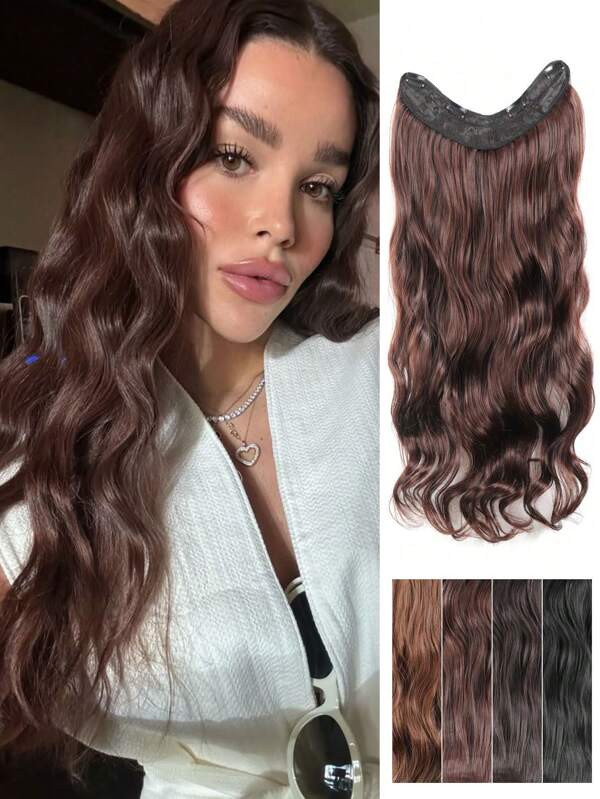 1 pieza Extensiones de cabello con clip de 20/24 pulgadas de largo, onduladas, rizadas, con forma de U y 4 clips, en color marrón y negro, extensiones de cabello sintético rizadas invisibles, suaves y naturales para mujeres