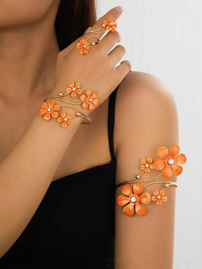 1 Set Multicolor Golden Chrysanthemum Flower Bead Rings Jewelry Set, Fashionable New Styles For Women, Festivals, Parties, Holidays Gift