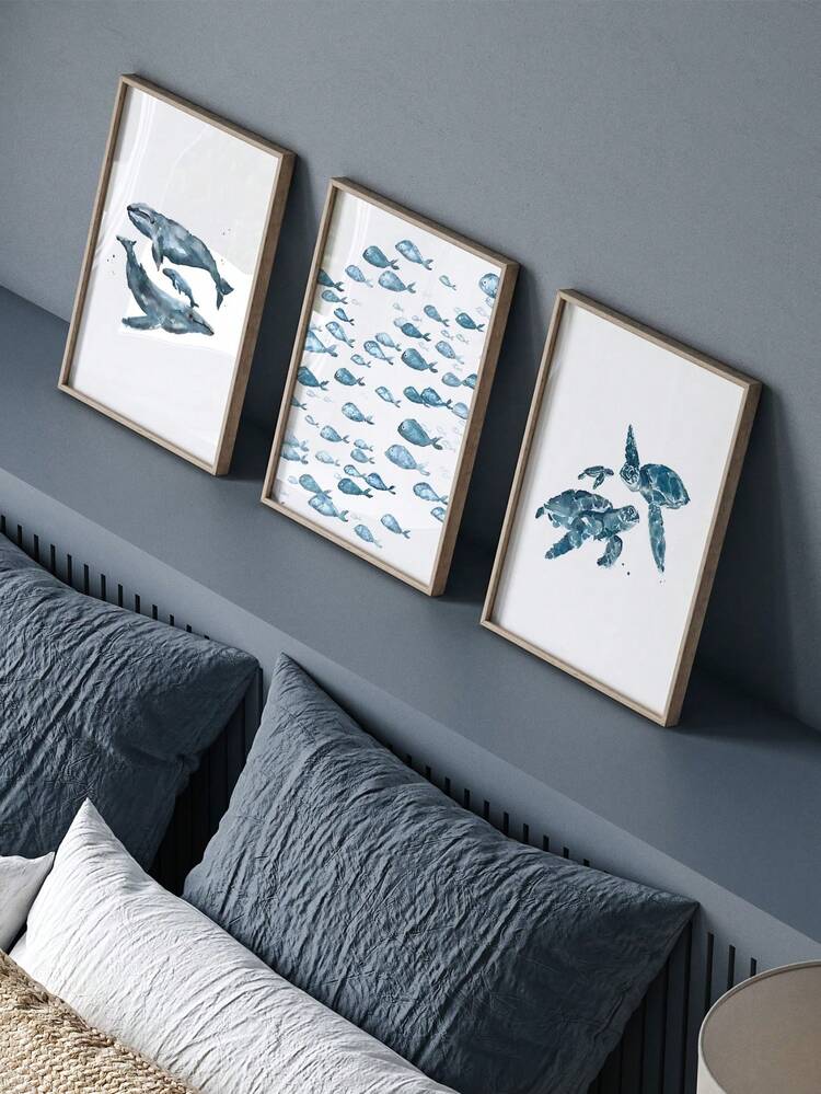 3 件动物绘画海报乌龟挂画鲸鱼印刷图片夏季海报套装海洋动物墙面艺术海岸装饰现代家居装饰儿童房墙壁装饰可选框架 - 藍色 - 查看 11