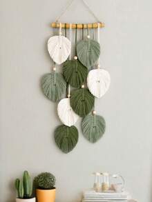 1pc Macrame Wall Hanging, Boho Style Wall Decor Tapestry, Handwoven Green Leaf Tassel Wallpaper - Green - View 12
