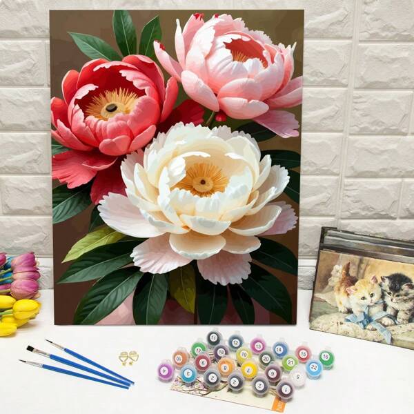 Lush Peony Blooms Painting By Number Kits Canvas Handpaint Elegant Floral Arrangement DIY Digital Oil Painting Picture Drawing Flower Coloring Artcraft Home Decoration