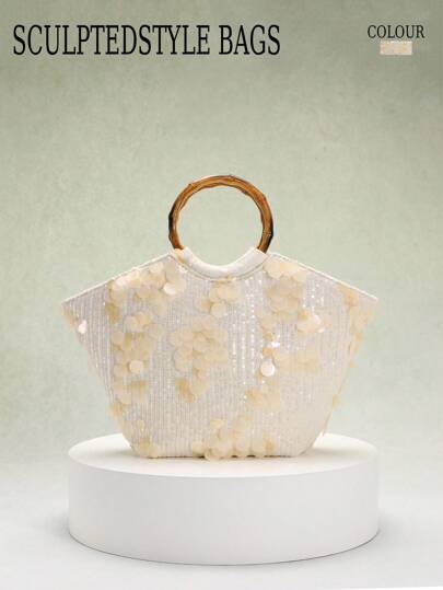 1 pieza Bolso de tote de moda con parches de lentejuelas de sirena, bordado y malla, de base de lino con asa brillante con apariencia de bambú, estilo vintage para playa, verano y viajes, bolso casual para mujer (Patrón de lentejuelas al azar)