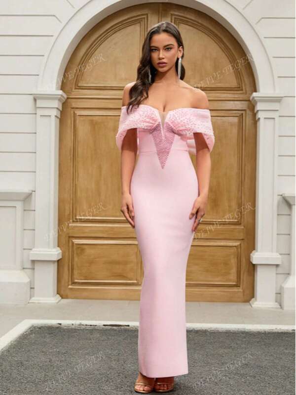 DEIVE TEGER Black Computer Beading Contrast Off Shoulder Design Bodycon Shaping Bandage Formal Evening Dress, Prom Dress, For Wedding Guest, Graduation, Dinner