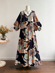 Rusttydustty Đầm maxi nữ in hoa dáng rộng, phong cách bohemian đi biển, mang hơi hướng khu nghỉ dưỡng nhiệt đới, thanh lịch. - Màu xanh hải quân - Xem 1