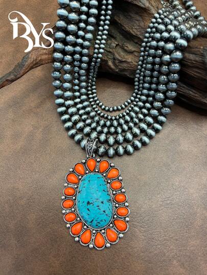 Collar con colgante de flor de estilo vintage occidental, cadena de cuentas de perlas falsas CCB de 6 capas que se puede combinar libremente, adecuado para el atuendo diario de mujeres/niñas, fiestas, regalos de joyería para familiares/amigos/usted mismo