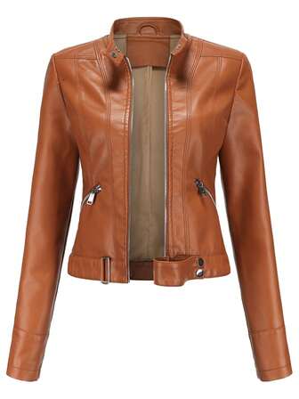 Short Faux Leather Jacket For Women, Collar Design, Lightweight Autumn Spring Slim Fit Motorcycle Jacket