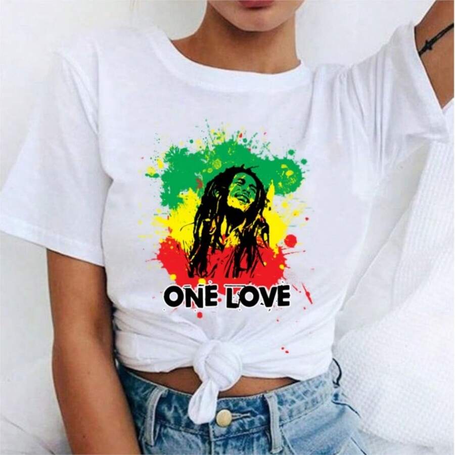 SUMMER REFRESHING Women's Fashion T-Shirts Bob Marley Printed Casual Round Neck Graphic Tee Cute Short Sleeve T-Shirts Summer Tops Harajuku Shirt - 白色 - 查看 1