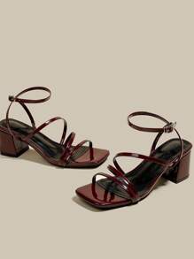 Sandalias de plataforma y tacón ancho con punta abierta y cordones, color borgoña, para mujer, zapatos de verano