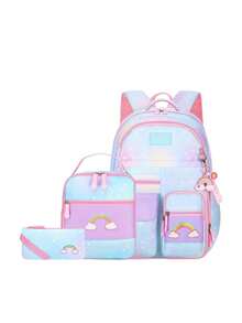 3pcs/Set Rainbow Heart Print Polyester School Backpack With Cute Pendant, Including Lunch Box & Pencil Case, Large Capacity Multi-Compartment Design, Adjustable Shoulder Straps, Waterproof Durable Fabric, Zipper Closure, Suitable For School & Outdoor, Back To School Gift - A - View 12