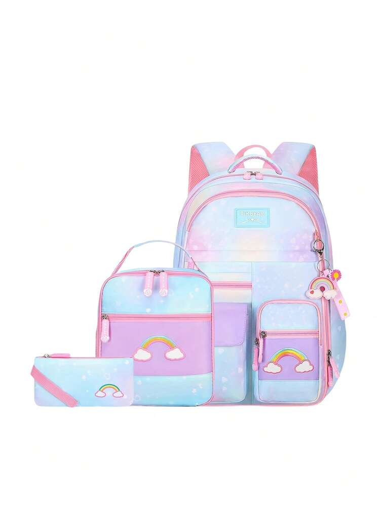 3pcs/Set Rainbow Heart Print Polyester School Backpack With Cute Pendant, Including Lunch Box & Pencil Case, Large Capacity Multi-Compartment Design, Adjustable Shoulder Straps, Waterproof Durable Fabric, Zipper Closure, Suitable For School & Outdoor, Back To School Gift - A - View 12