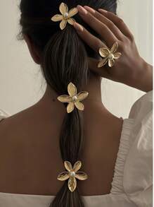 1 pezzo Fermaglio per capelli elegante e minimalista con design floreale geometrico, 5 petali in metallo e perla, adatto per code di cavallo e basette, perfetto come regalo di gioielleria per tutte le stagioni, elastico per capelli, accessori per capelli dorati, accessori per capelli, fermacode, elastici per capelli
