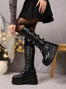 女士粉色圆头厚底高跟长靴，系带弹力时尚靴，适合秋冬季节，Y2K风格鞋款，派对装扮 - 黑色 - 查看 2