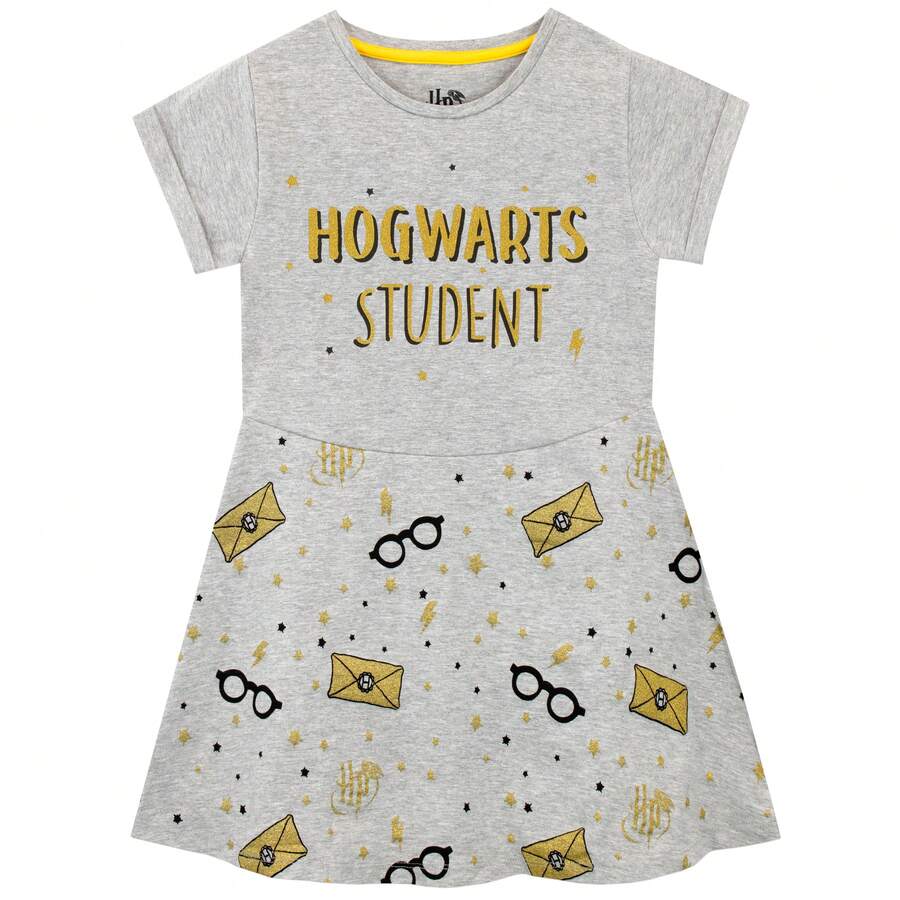 Harry Potter Dress | Hogwarts Letter & Harry's Glasses Girls' Summer Dress | Kids' Dresses | Fast UK Delivery Shipping | Trusted UK Seller | Great Gift For Kids | Perfect For Halloween, Birthdays And Christmas - Grey - View 1