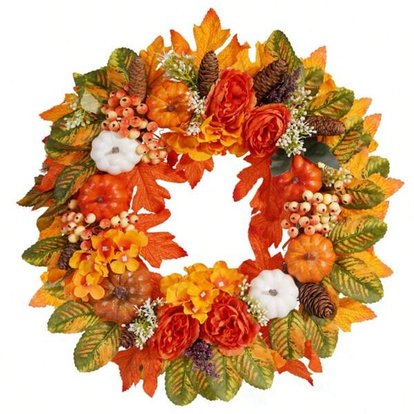 1pc Artificial Maple Leaf & Pumpkin Harvest Thanksgiving Wreath Autumn Home Outdoor Decor