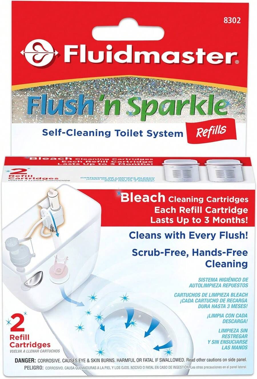 Fluidmaster 8302P8 Flush 'N Sparkle Automatic Toilet Bowl Cleaning System Bleach Replacement Cartridge Refills, 2-Pack - Bleach Cleaning Refills - View 1
