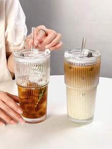 1 Pc Of Striped Glasses With Straws And Lids, Portable Simple Style Water Cups, Vertical Striped Glasses, Reusable High-Quality Coffee And Juice Cups, Multi-Purpose Beverage Containers, Perfect For Home, Office, Beach, Various Parties, Suitable For Coffee, Tea, Milk, Iced Americano And Latte Drinks, Water Cups - Multicolor - View 6