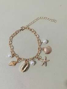 1pc Gold Starfish Conch Shell Charm Bracelet For Women Beach Resort Boho Style Shell Starfish Bracelet, Beach Resort Jewelry, Summer Jewelry, Birthday Gift