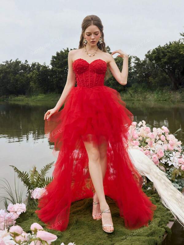 Faeriesty Vestido de noche elegante y lujoso con cuentas, escote sin tirantes, corpiño con forma de corazón y falda de tul con volantes - Vestido de graduación para bodas, galas, fiestas de cumpleaños y eventos de alfombra roja de alta gama