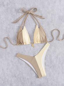 Conjunto de bikini de estilo europeo y americano de unicolor, con diseño lindo y sexy con espalda descubierta, para playa y vacaciones de verano